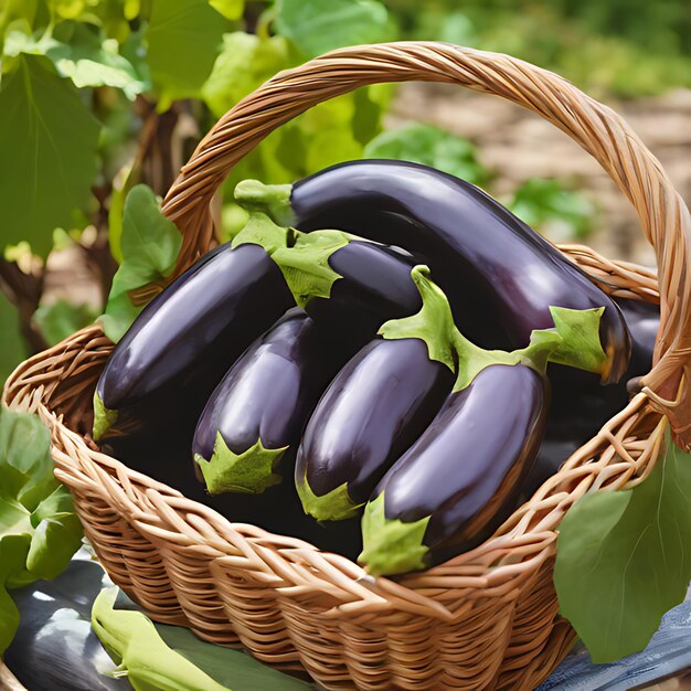 Foto un cesto di melanzane è esposto in un giardino