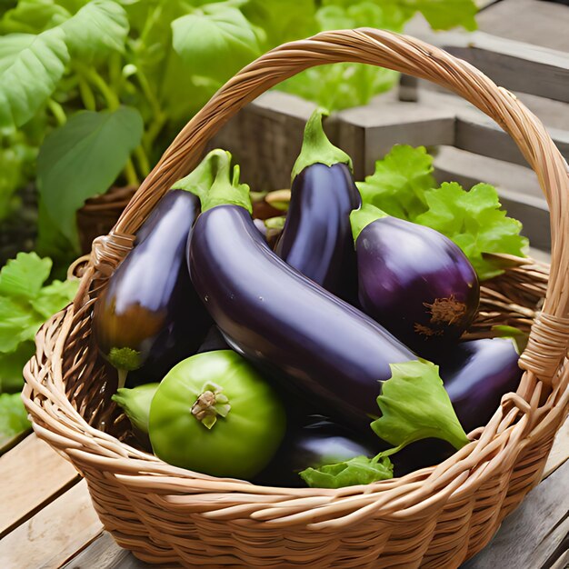 a basket of eggplant with a green eggplant on the side