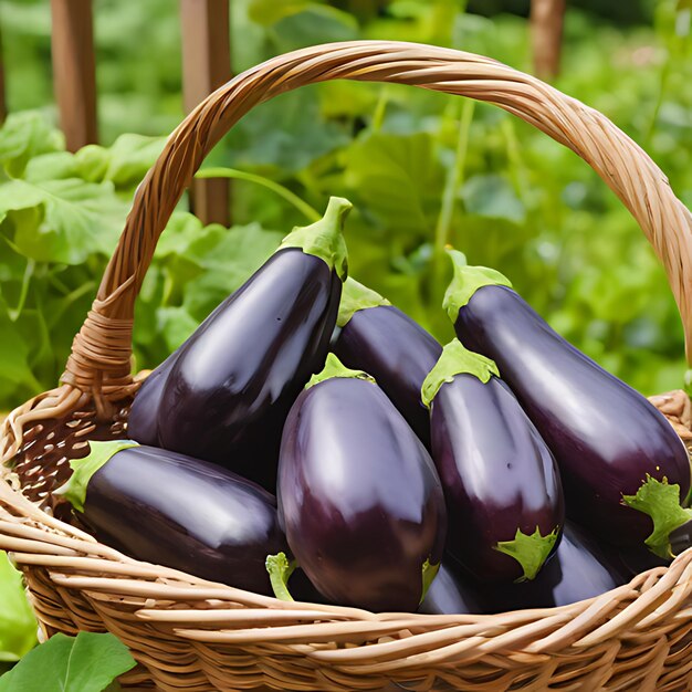 a basket of eggplant with a green leaf