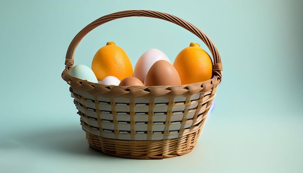 A basket of eggs on a blue background