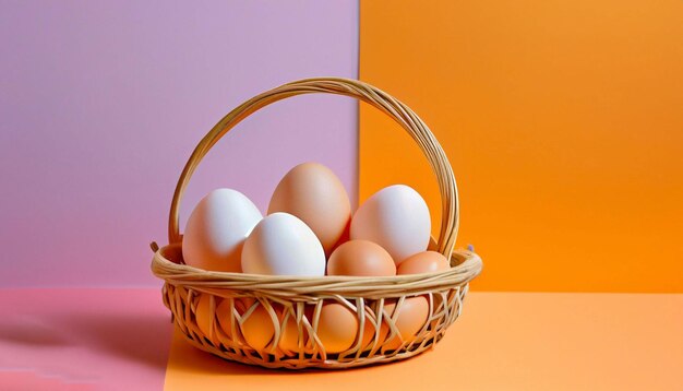 A basket of eggs on a colorful background