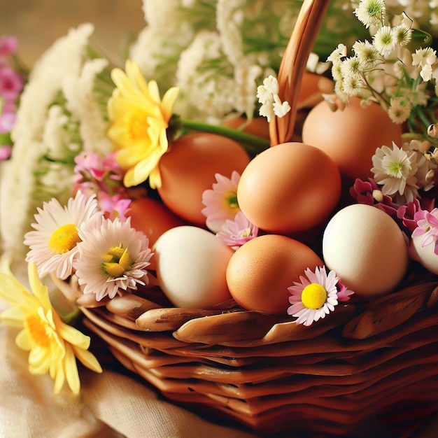 A basket of eggs and flowers with a bunch of flowers in it