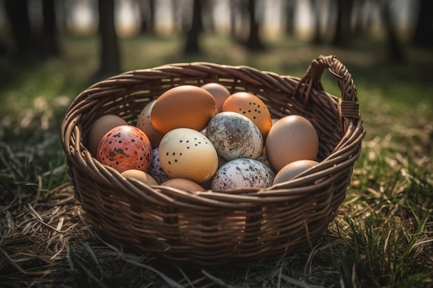 A basket of eggs in a forest