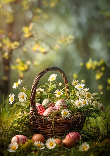 basket of eggs lying on the grass