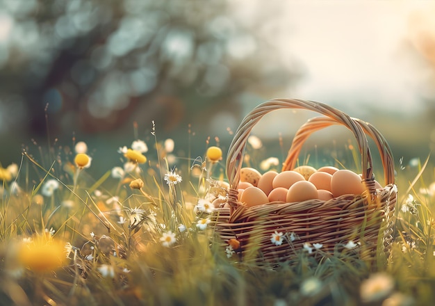 basket of eggs lying on the grass