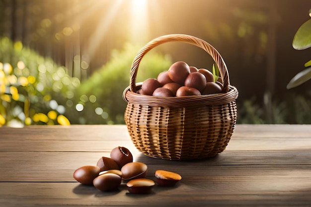 A basket of eggs on a table with a basket of almonds