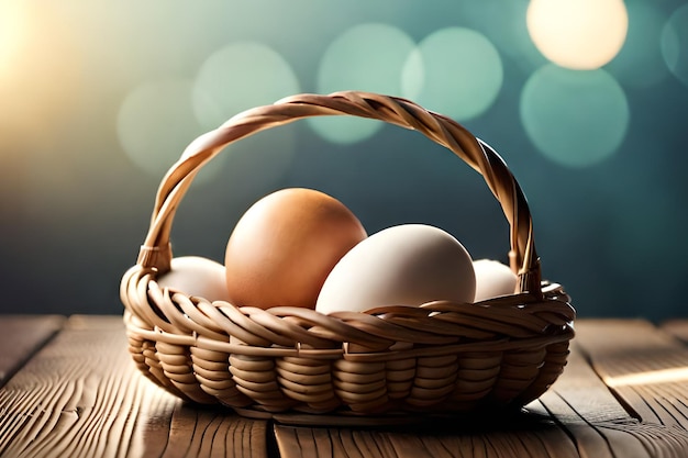 A basket of eggs on a table with a bokeh background