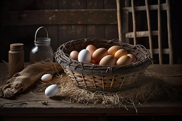 A basket of eggs on a table with a jar of milk.