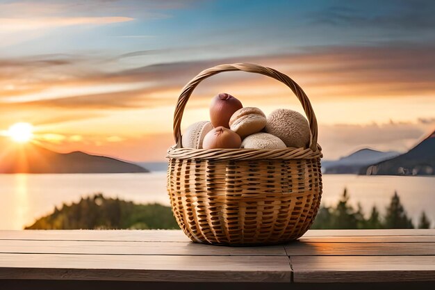 Basket of eggs on a table with a sunset in the background