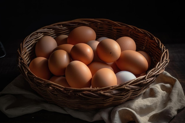 A basket of eggs on a table with a white one on the top.