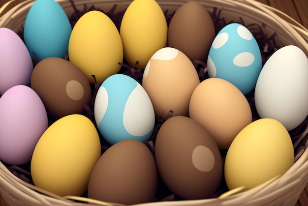 A basket of eggs with blue and yellow dots on the bottom.