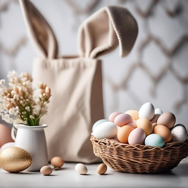 a basket of eggs with a bunny on the back