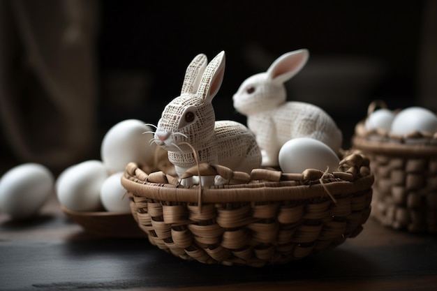 A basket of eggs with a bunny on it