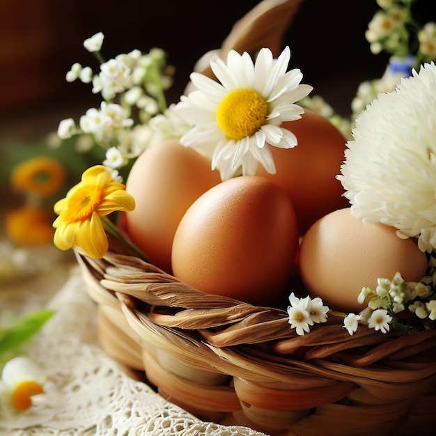 A basket of eggs with daisies and daisies on a table