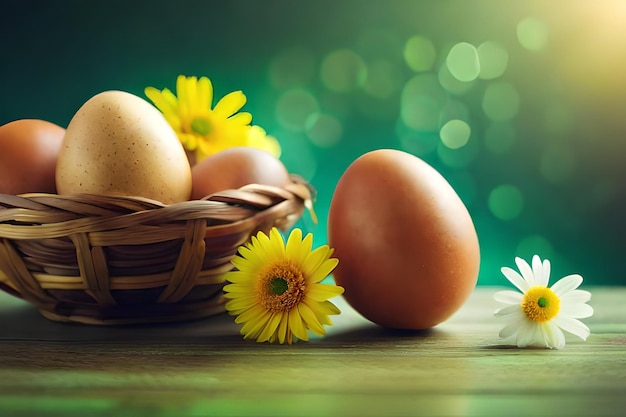 A basket of eggs with flowers in the background