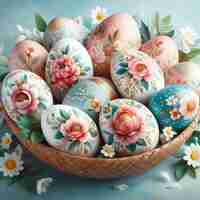 Photo a basket of eggs with flowers and flowers on the top