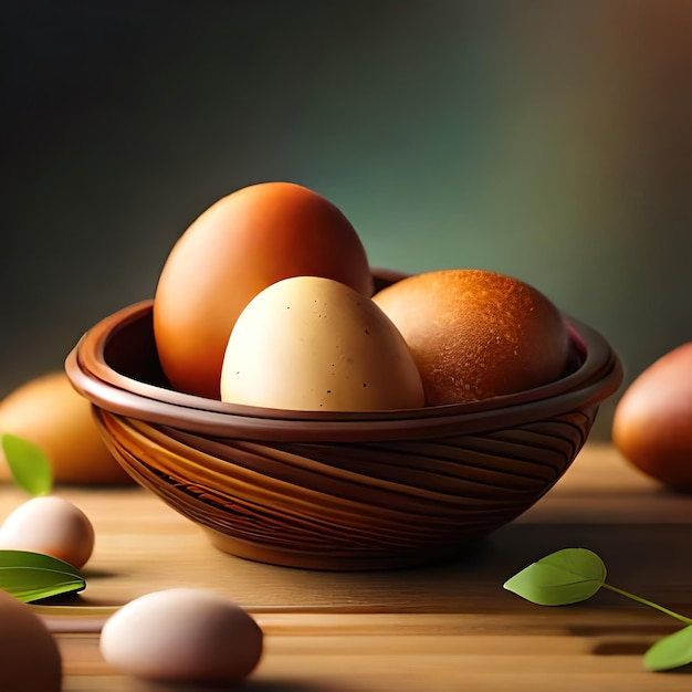 A basket of eggs with one that has a few leaves on it.