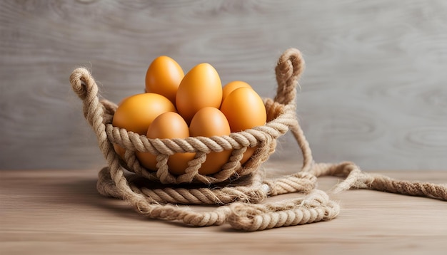 a basket of eggs with a rope and a rope around it