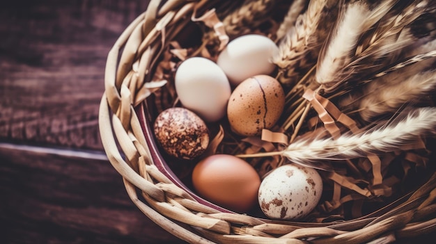 A basket of eggs with wheat and a wheat on the side