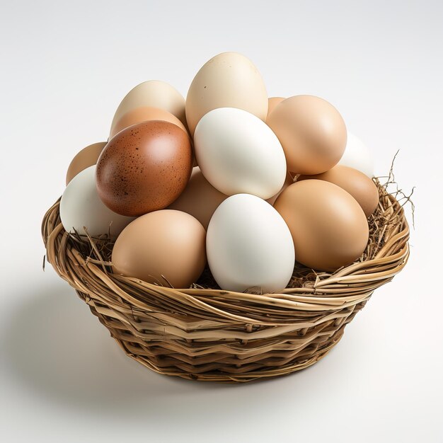 a basket of eggs with a white background and a white background