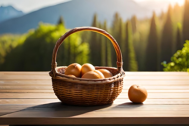 A basket of eggs on a wooden table