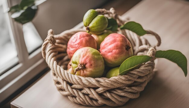 a basket of figs with leaves and a green pear on the top