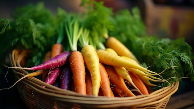 Basket filled with artistically arranged rainbow colored carrots