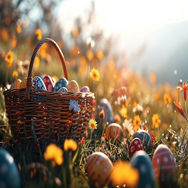 a basket filled with colorful eggs on a field