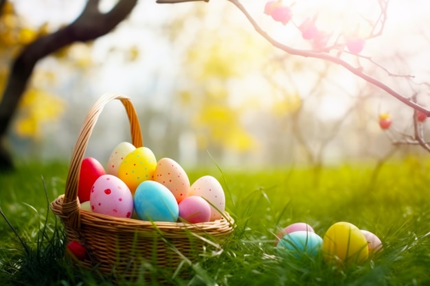 Basket filled with colorful eggs sitting on top of lush green field Generative AI