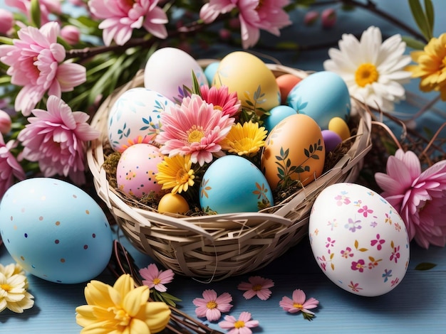 a basket filled with colorful painted eggs and flowers on a blue table