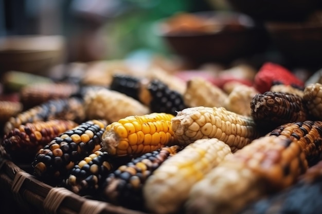 A basket filled with corn on top of a table generative AI