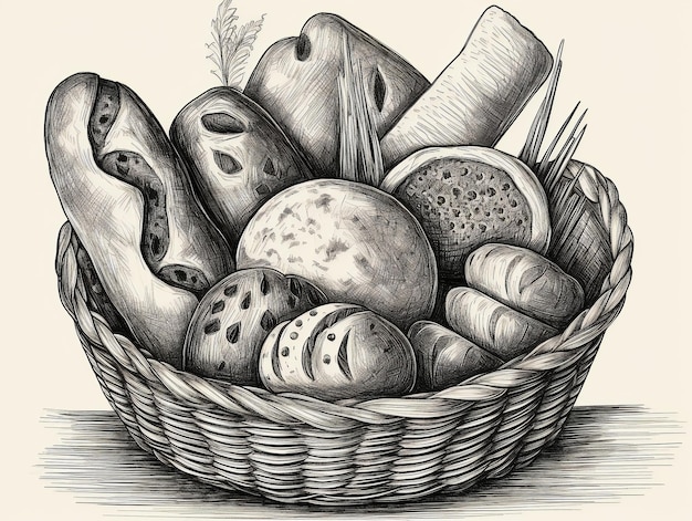 A basket filled with different types of bread a charcoal drawing AI generated AI generative AI generativ