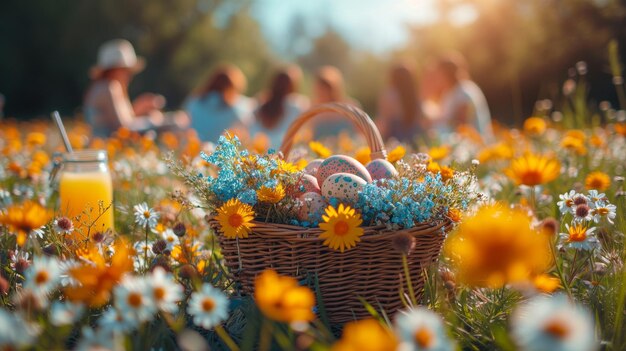 Photo basket filled with eggs on a field of flowers
