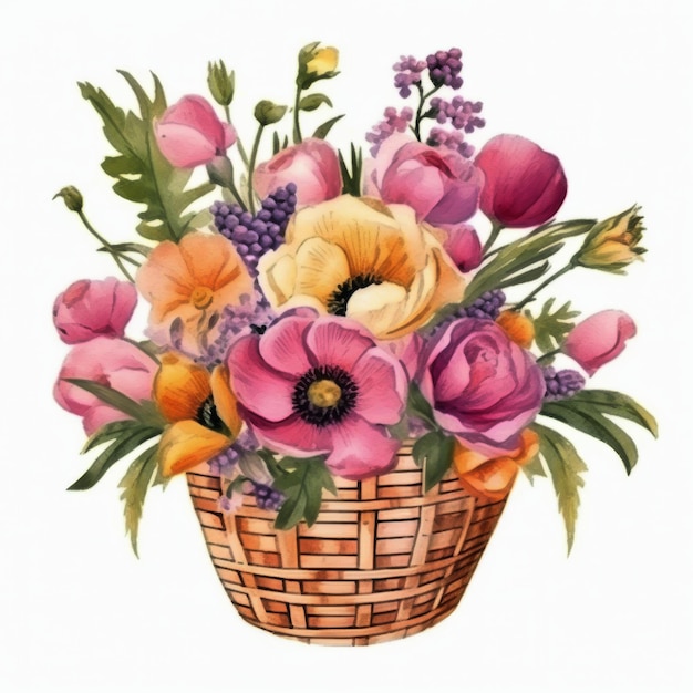 Basket Filled With Flowers on White Background