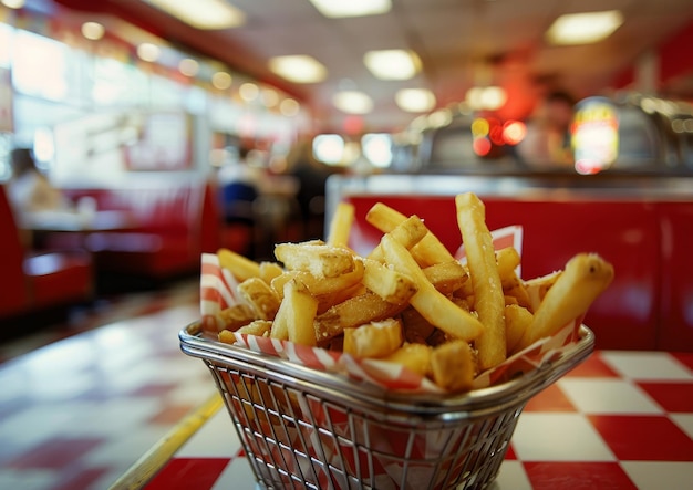 Photo basket filled with french fries on table