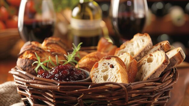 A basket filled with freshly baked bread savory dips and sweet jams perfect for snacking on between