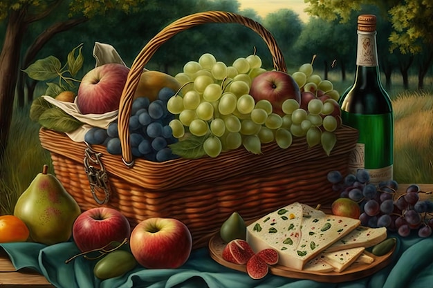 Basket filled with fruits cheeses and wines for a picnic in the park created with generative ai