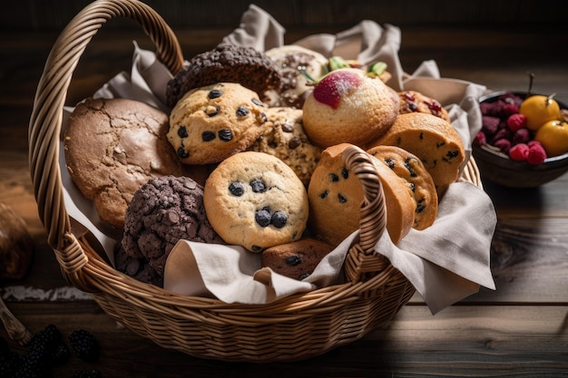 Basket filled with glutenfree and vegan muffins cookies scones and cakes created with generative ai