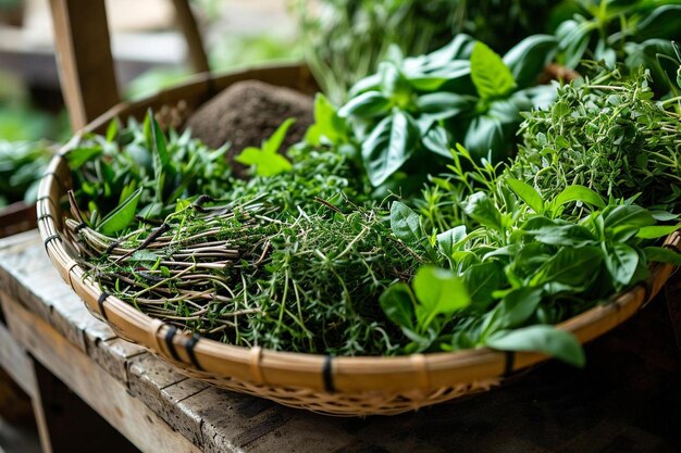 Photo a basket filled with lots of fresh herbs