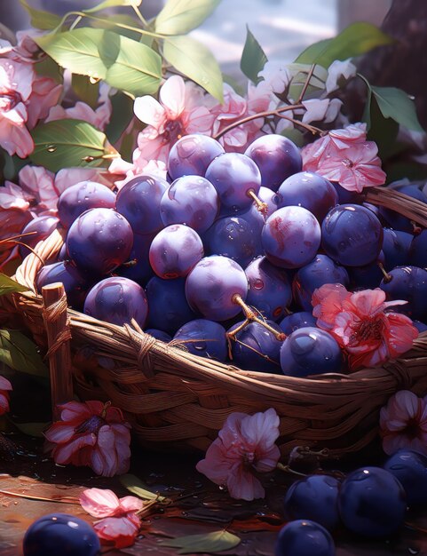 a basket filled with plums in a garden