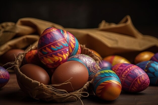 Basket filled with a variety of brightly colored painted eggs Generative AI