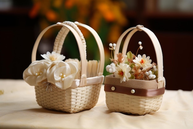 a basket filled with white flowers and ribbons