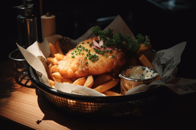 A basket of fish and chips with a bottle of beer on the table.