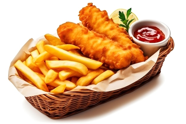 A basket of fish and chips with ketchup.