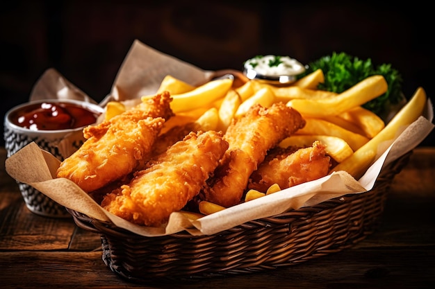 A basket of fish and chips with a side of ketchup