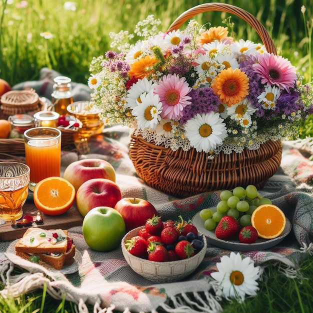 Photo a basket of flowers and fruit on a picnic blanket with a basket of flowers