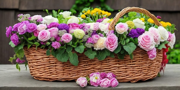 A basket of flowers on the ground with a flower on it.