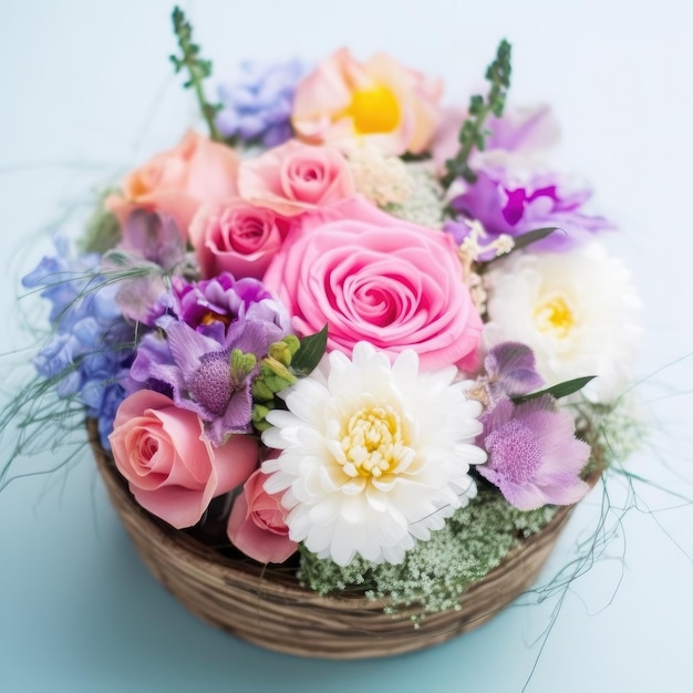 A basket of flowers is on a blue table.