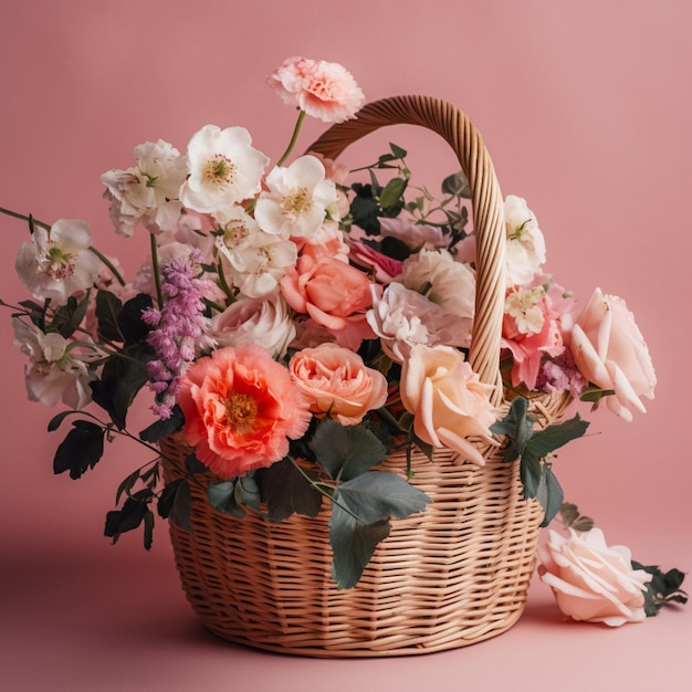 A basket of flowers is on a pink background with a handle that says spring