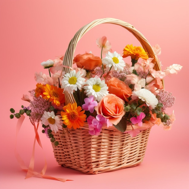 A basket of flowers is on a pink background with a ribbon.